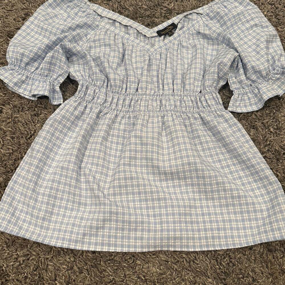 Suzanne Betro Weekend Blue Gingham Plaid Blouse